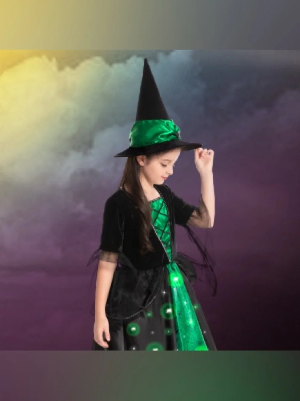 Poshetion Girls Witch Costumes, Light Up Halloween Witch Dress with Witch Broom